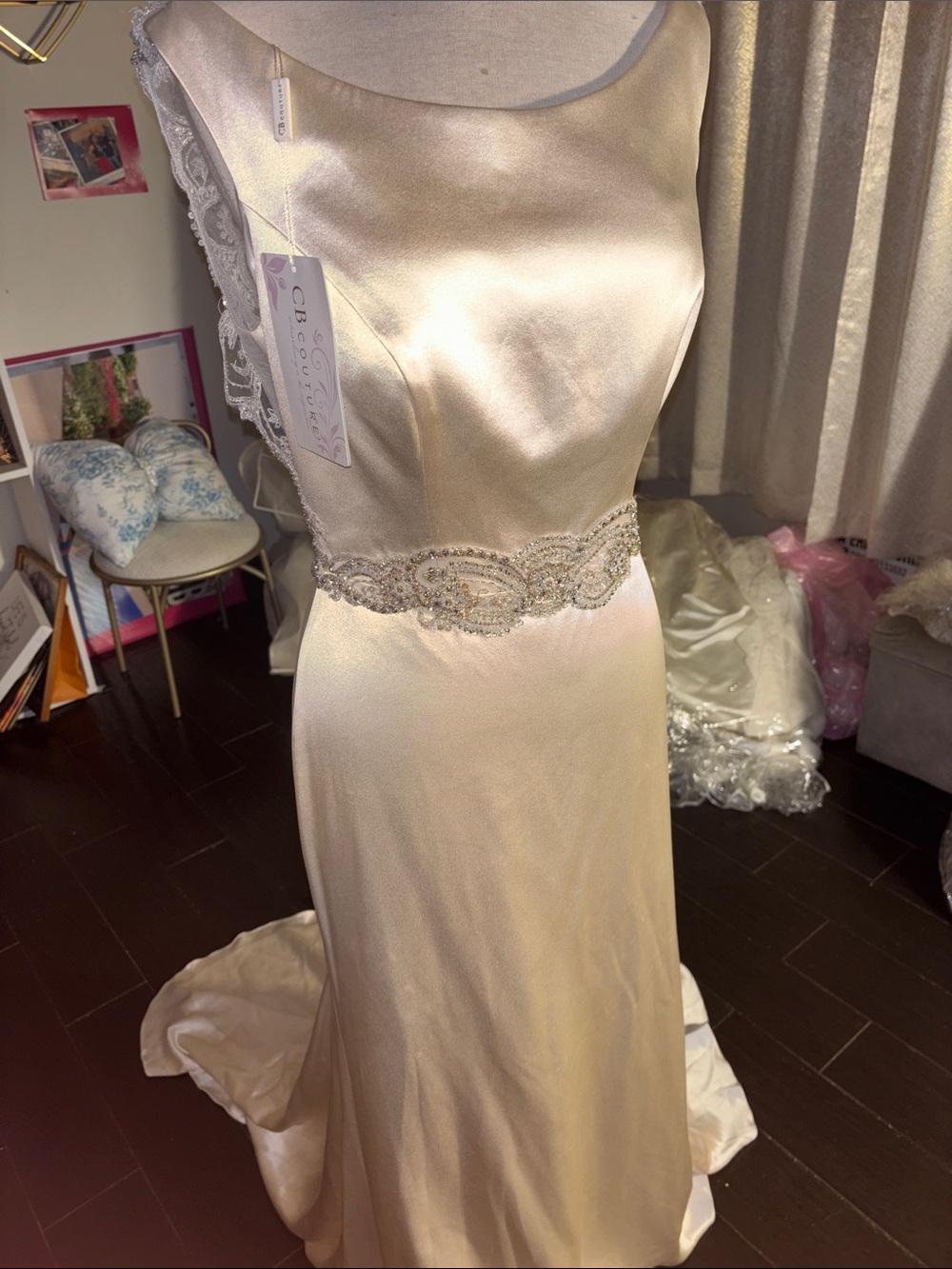 David's Bridal Champagne Satin Beaded Waist Wedding Dress